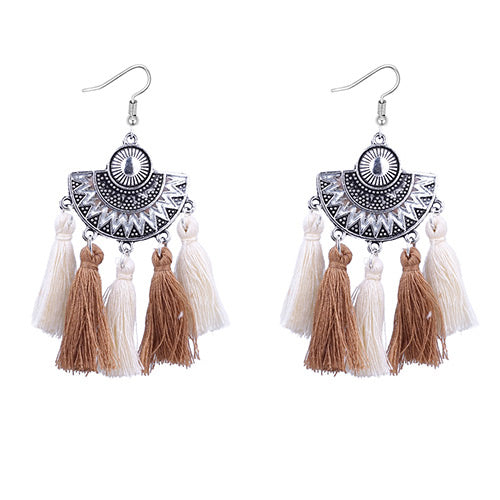 E1941 Silver Beige Brown Tassel Earrings - Iris Fashion Jewelry