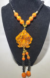 N2012 Black Bead Orange Koi Fish Decorated Glass Long Necklace With Free Earrings - Iris Fashion Jewelry