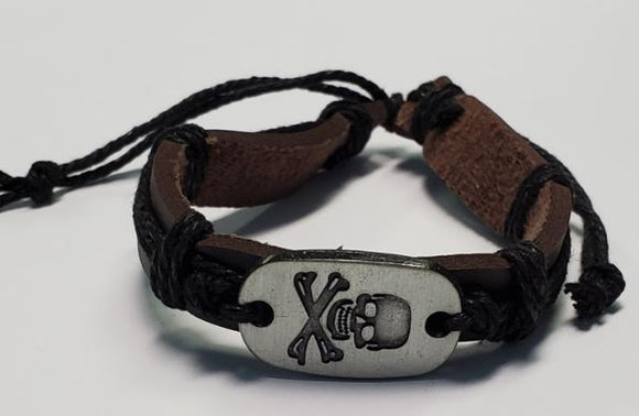 B292 Brown Leather Skull & Crossbones Black Cord Bracelet - Iris Fashion Jewelry