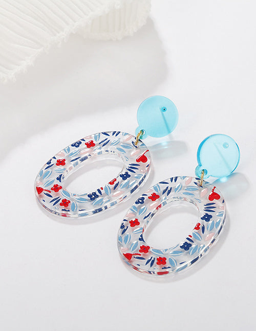 E1869 Acrylic Blue Red Flower Oval Earrings - Iris Fashion Jewelry