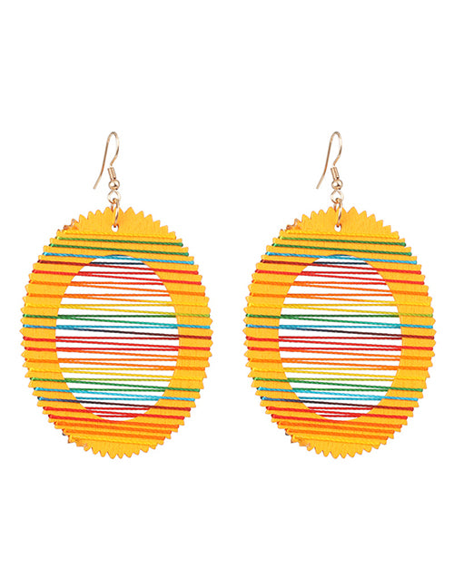 E507 Golden Yellow Wooden Oval with Multi String Earrings - Iris Fashion Jewelry