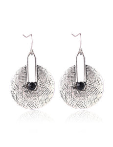 E1854 Silver Textured Round Black Gem Earrings - Iris Fashion Jewelry