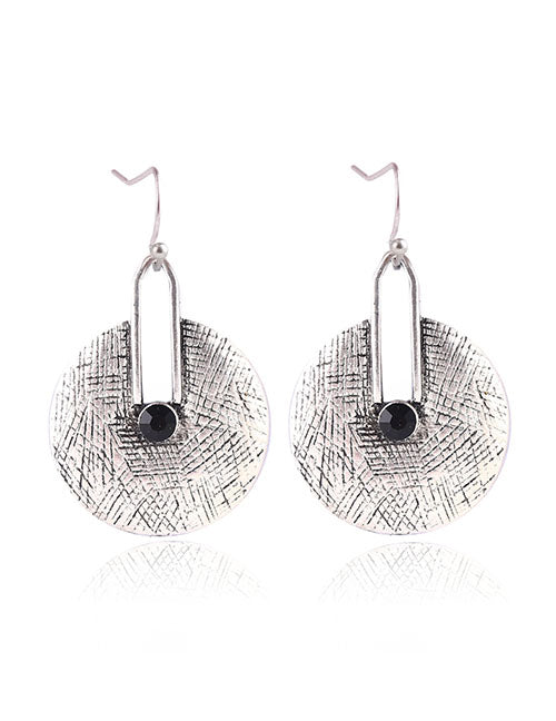 E1854 Silver Textured Round Black Gem Earrings - Iris Fashion Jewelry