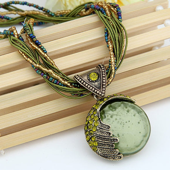 N2009 Green Gem Seed Bead Cord Necklace with FREE Earrings - Iris Fashion Jewelry