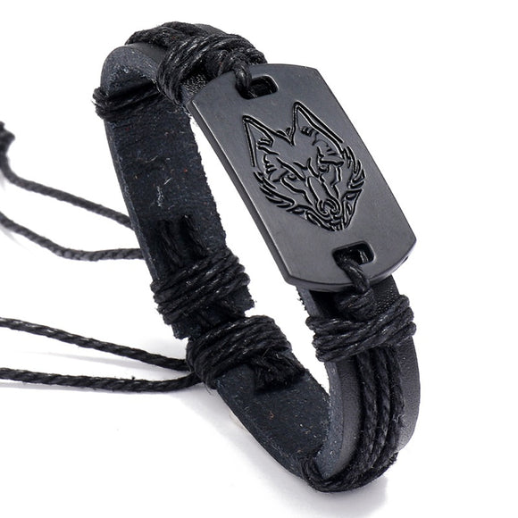 B1162 Wolf Black Leather Bracelet - Iris Fashion Jewelry
