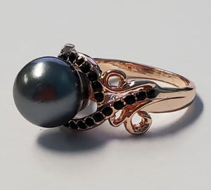 R180 Rose Gold Gray Pearl & Black Rhinestones Ring - Iris Fashion Jewelry