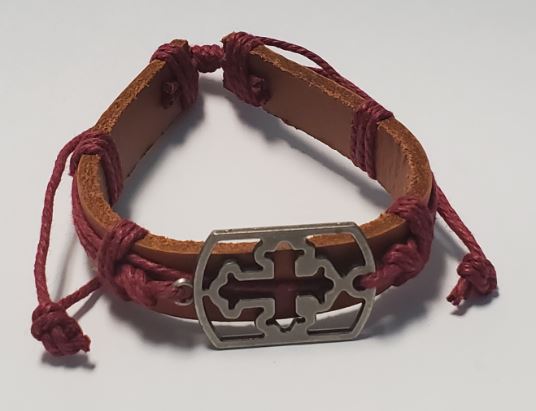 B361 Brown Leather Cross Red Cord Bracelet - Iris Fashion Jewelry