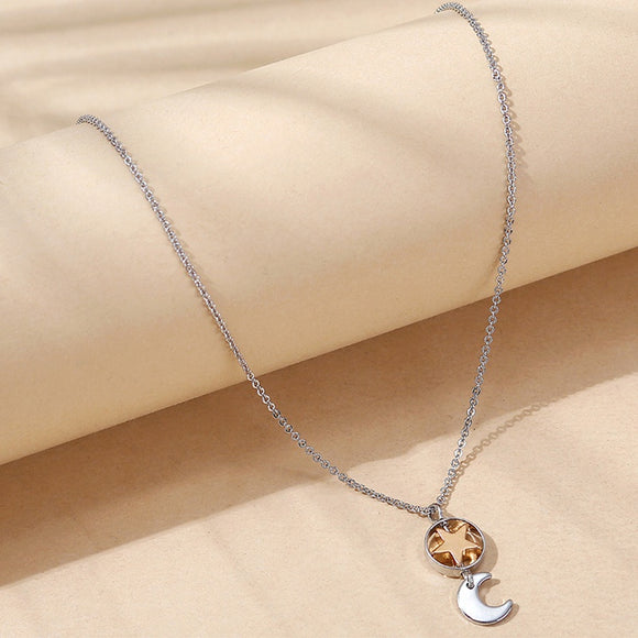 N1631 Rose Gold Star Silver Moon Necklace with FREE Earrings - Iris Fashion Jewelry