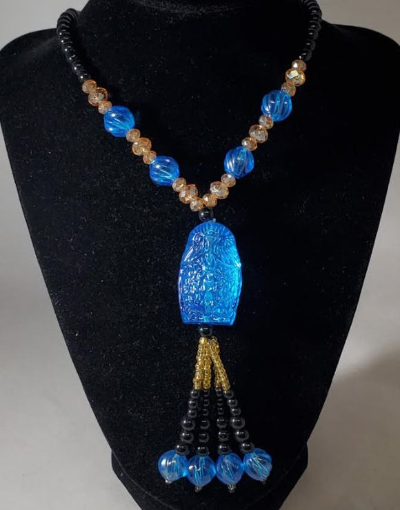 N2075 Black Bead Fashion Blue Owl Glass Long Necklace With Free Earrings - Iris Fashion Jewelry