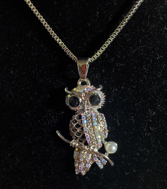 N1180 Silver Iridescent Rhinestone Owl with Pearl Necklace with Free Earrings - Iris Fashion Jewelry