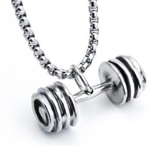 N454 Silver Dumbell Weight Lifting Pendant Necklace - Iris Fashion Jewelry