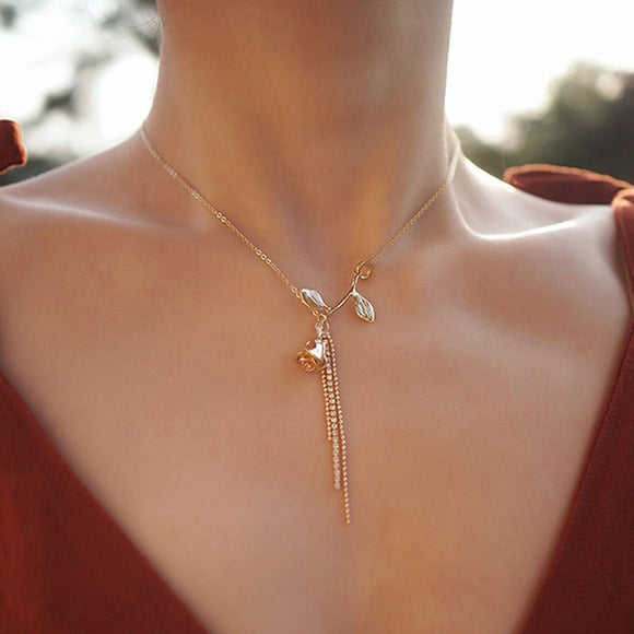 N1956 Gold Rose Rhinestone Tassel Necklace with FREE Earrings - Iris Fashion Jewelry