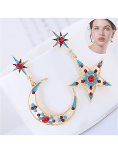 E932 Gold Moon & Star Rhinestone Enamel Earrings - Iris Fashion Jewelry