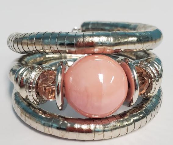 B380 Silver Pink Pearl Coil Bracelet - Iris Fashion Jewelry