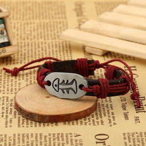 B275 Brown Leather Red Cord Fish Bone Bracelet - Iris Fashion Jewelry