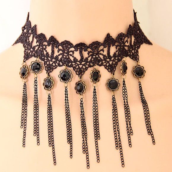 N1958 Black Lace Gem Tassel Choker Necklace with FREE Earrings - Iris Fashion Jewelry