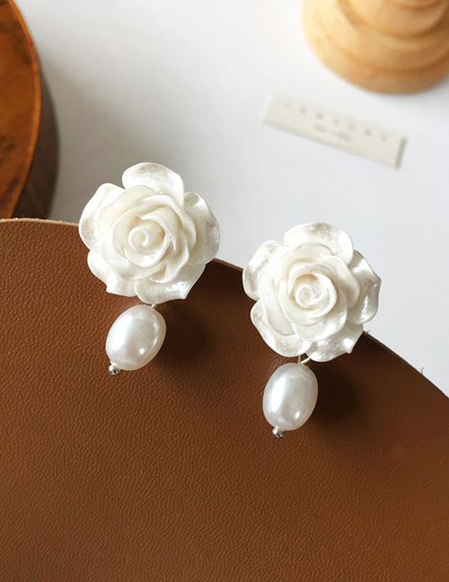 E1883 Silver White Rose Pearl Dangle Earrings - Iris Fashion Jewelry