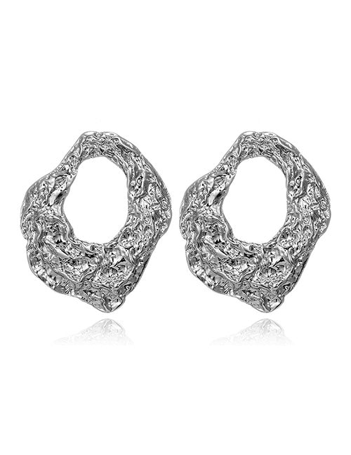 E526 Silver Crinkle Irregular Round Post Back Earrings - Iris Fashion Jewelry