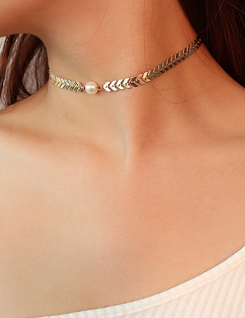 N166 Gold V Shape Design with Pearl Choker Necklace with FREE Earrings - Iris Fashion Jewelry