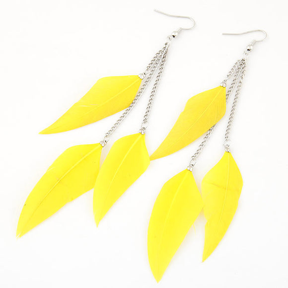 E756 Silver with Yellow Feather Dangle Earrings - Iris Fashion Jewelry