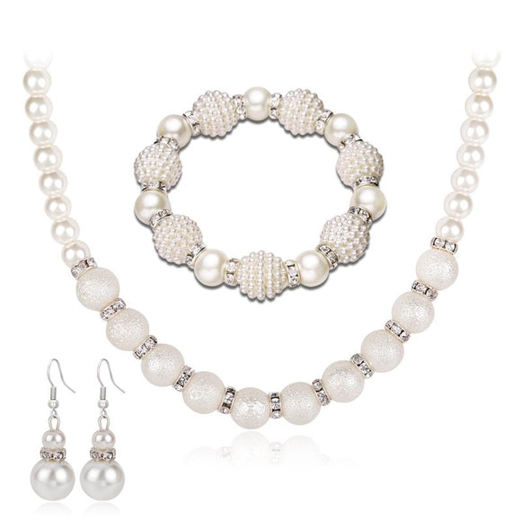 N2002 Silver Textured Pearl Necklace Set With FREE Earrings & FREE Bracelet - Iris Fashion Jewelry