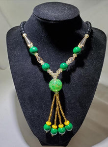 N1938 Black Bead Green Marble Glass Long Necklace With Free Earrings - Iris Fashion Jewelry