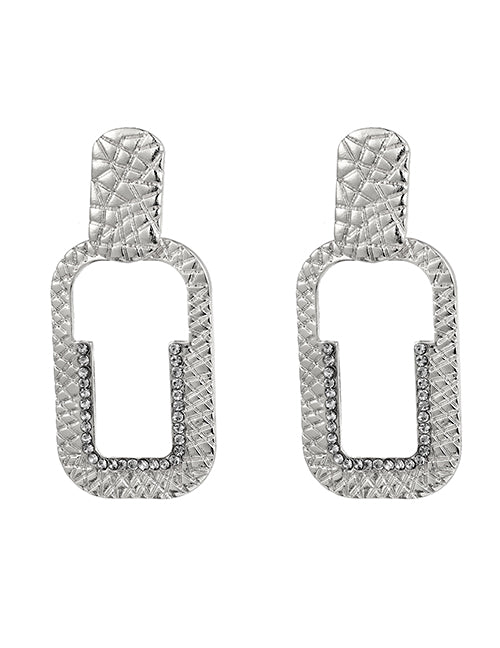 E1943 Silver Textured Hollow Rectangle Earrings - Iris Fashion Jewelry