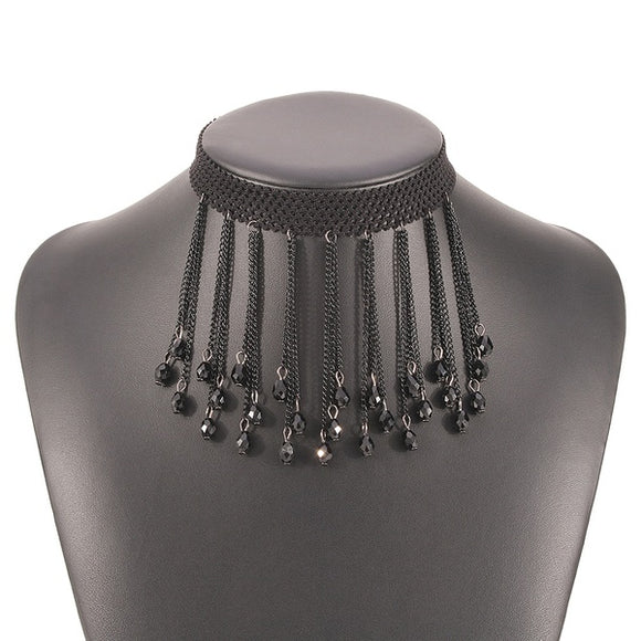 + FB N1951 Black Bead Tassel Choker Necklace with FREE Earrings - Iris Fashion Jewelry