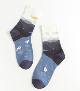 *SF595 Water with Birds & Fish Socks - Iris Fashion Jewelry