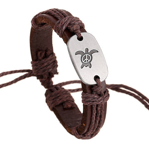 *B655 Brown Leather Peace Sign Sea Turtle Bracelet - Iris Fashion Jewelry