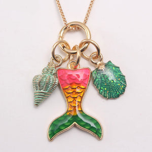 L396 Gold Pink Orange Green Mermaid Tail Charm Necklace FREE EARRINGS - Iris Fashion Jewelry