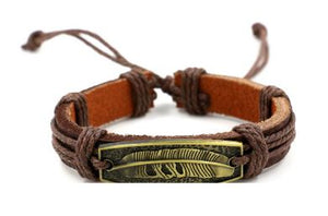 *B589  Brown Leather Deep Gold Leaf Bracelet - Iris Fashion Jewelry