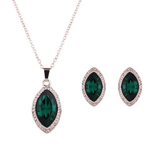 N1985 Rose Gold Rhinestone Green Gemstone Necklace with FREE Earrings - Iris Fashion Jewelry
