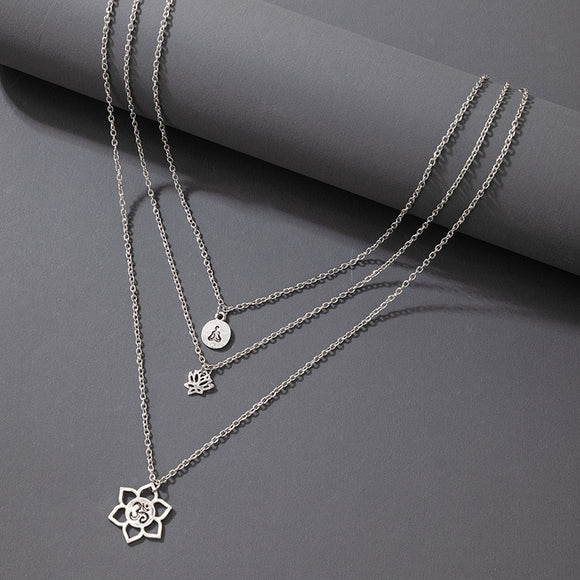 N2003 Silver Multi Layer Lotus Flower Necklace with FREE Earrings - Iris Fashion Jewelry