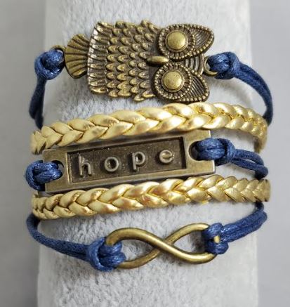 AZ1295 Blue & Gold Owl Hope Infinity Layer Leather Bracelet