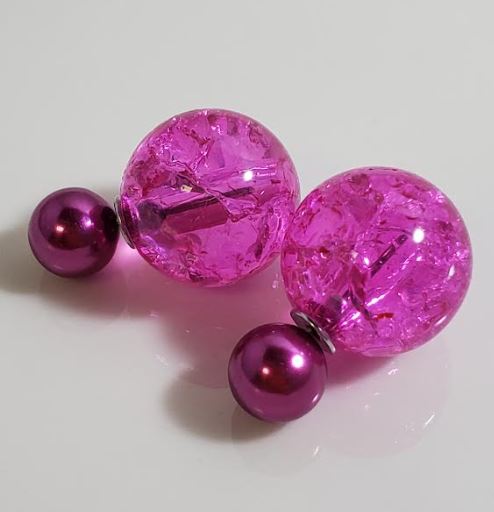 AZ1444 Fuchsia Pearl Hot Pink Ice Breaker Double Ball Earrings