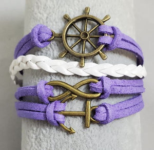 AZ983 Lavender Ship Wheel Anchor Infinity Layer Leather Bracelet