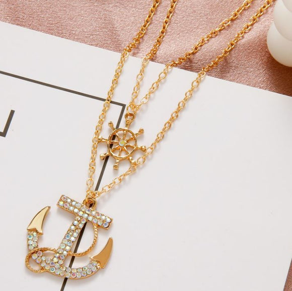 N616 Gold Iridescent Rhinestone Anchor & Ship Wheel Necklace with FREE Earrings - Iris Fashion Jewelry