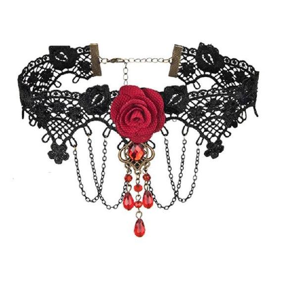 N2130 Red Rose Gem Black Lace Choker Necklace With FREE Earrings - Iris Fashion Jewelry