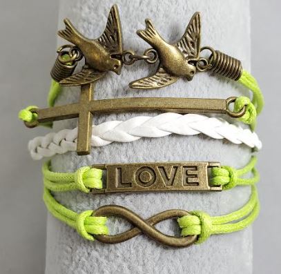 AZ1046 Lime Green & White Dove Cross Love Infinity Layer Leather Bracelet