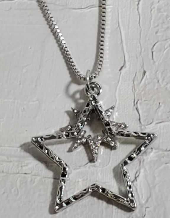 AZ273 Silver Textured Star Necklace with FREE EARRINGS