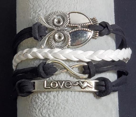 AZ1121 Black Owl Love Infinity Leather Layer Bracelet