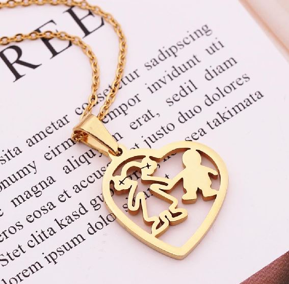 AZ775 Gold Heart Boy & Girl Mom Necklace with FREE EARRINGS