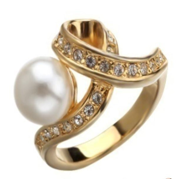 R370 Gold Pearl Rhinestone Ring - Iris Fashion Jewelry