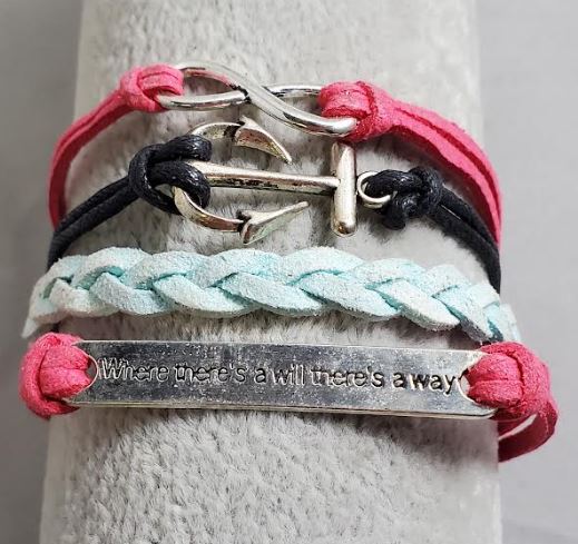 AZ1490 Pink Blue Black Where There's A Will There's A Way Anchor Infinity Layer Leather Bracelet