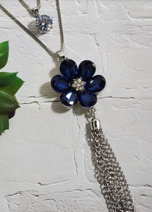 AZ685 Silver Blue Gemstone Flower Tassel Necklace with FREE EARRINGS