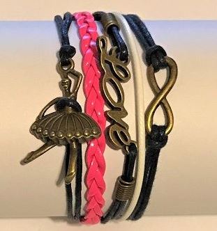 AZ1438 Black Pink White Ballerina Love Infinity Layer Leather Bracelet