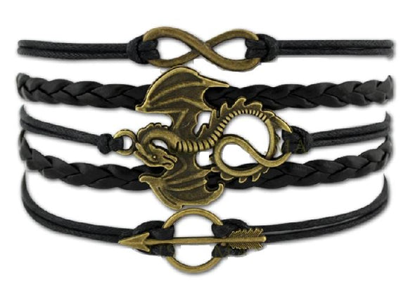 AZ1429 Black Dragon Arrow Infinity Layer Leather Bracelet