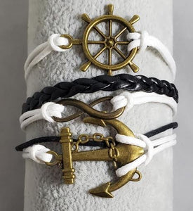 AZ1260 White & Black Ship Wheel Anchor Infinity Layer Leather Bracelet