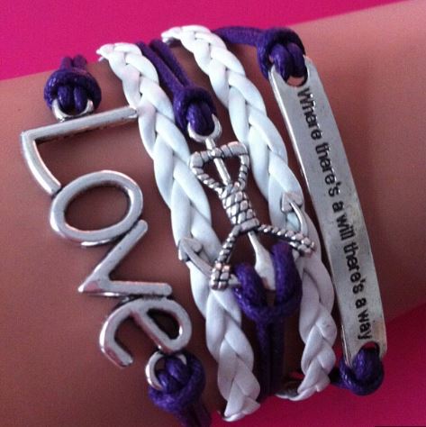 AZ1275 Purple & White Where There's A Will There's A Way Love Anchor Infinity Layer Leather Bracelet